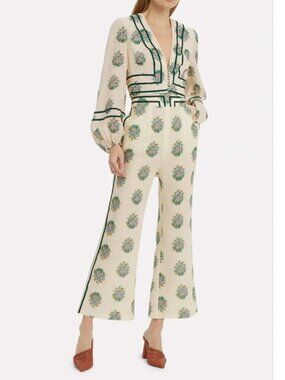 Zimmermann Verity Flare Pant with Green Trim, Cream/Green, Size 6